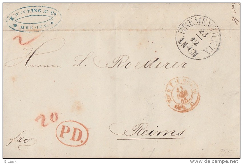 T&T Brief Gelaufen Von Bremen Am 23.12.1865 Nach Frankreich - Briefe U. Dokumente