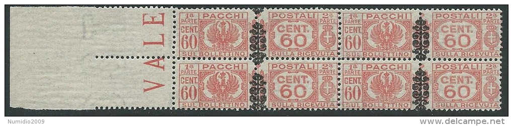 1945 LUOGOTENENZA PACCHI POSTALI 60 CENT QUARTINA VARIETà MNH ** - SV14 - Postpaketten