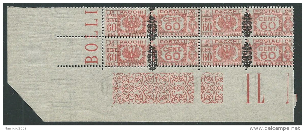 1945 LUOGOTENENZA PACCHI POSTALI 60 CENT QUARTINA LUSSO VARIETà MNH ** - SV14-4 - Paketmarken