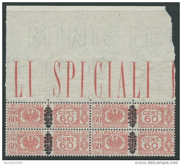 1945 LUOGOTENENZA PACCHI POSTALI 60 CENT QUARTINA LUSSO MNH ** - SV15-3 - Colis-postaux