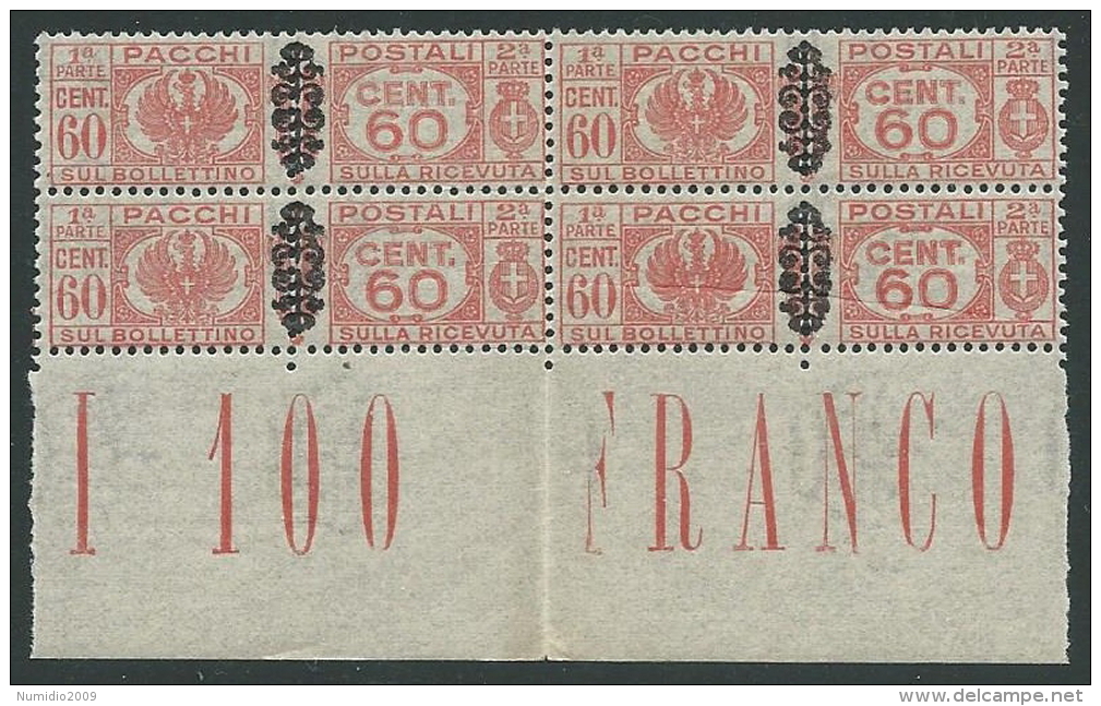 1945 LUOGOTENENZA PACCHI POSTALI 60 CENT QUARTINA LUSSO MNH ** - SV15-6 - Paketmarken
