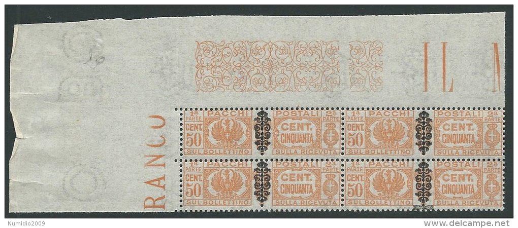 1945 LUOGOTENENZA PACCHI POSTALI 50 CENT QUARTINA LUSSO VARIETà MNH ** - SV15-6 - Paketmarken