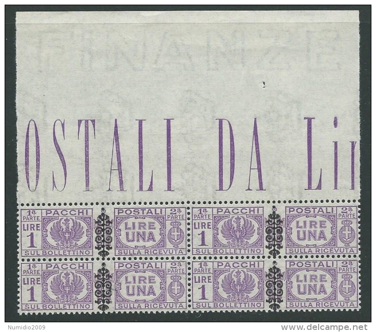 1945 LUOGOTENENZA PACCHI POSTALI 1 LIRA QUARTINA LUSSO MNH ** - SV15-7 - Paketmarken
