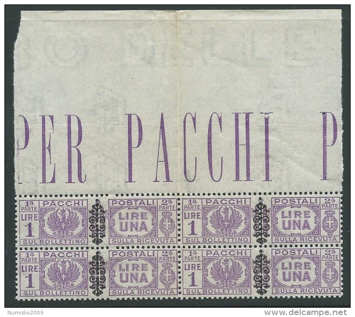 1945 LUOGOTENENZA PACCHI POSTALI 1 LIRA QUARTINA LUSSO MNH ** - SV16-3 - Paketmarken