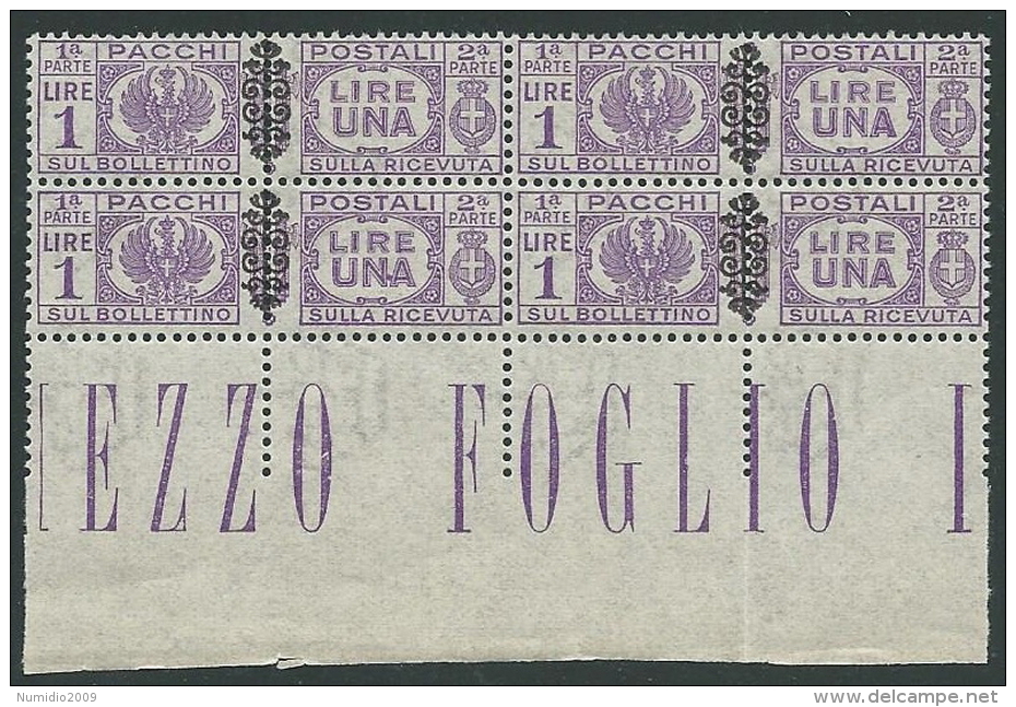 1945 LUOGOTENENZA PACCHI POSTALI 1 LIRA QUARTINA LUSSO MNH ** - SV16-4 - Colis-postaux