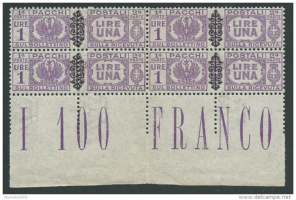 1945 LUOGOTENENZA PACCHI POSTALI 1 LIRA QUARTINA LUSSO MNH ** - SV16-7 - Paketmarken