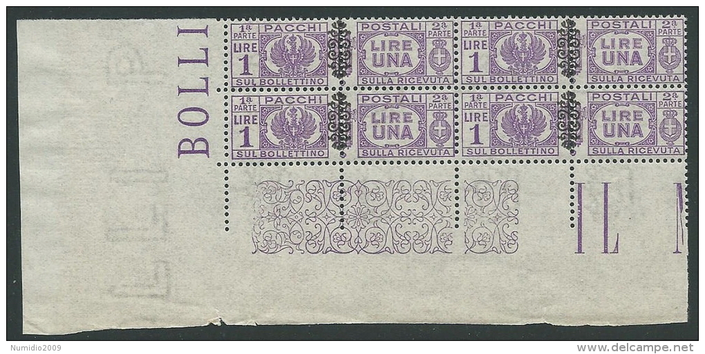 1945 LUOGOTENENZA PACCHI POSTALI 1 LIRA QUARTINA LUSSO MNH ** - SV16-9 - Postal Parcels