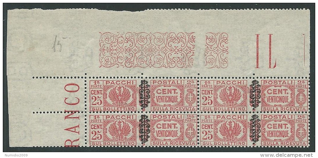 1945 LUOGOTENENZA PACCHI POSTALI 25 CENT QUARTINA LUSSO MNH ** - SV16-6 - Paketmarken