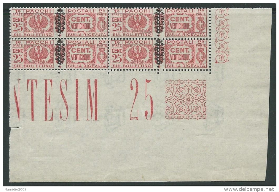 1945 LUOGOTENENZA PACCHI POSTALI 25 CENT QUARTINA LUSSO MNH ** - SV16-7 - Paketmarken