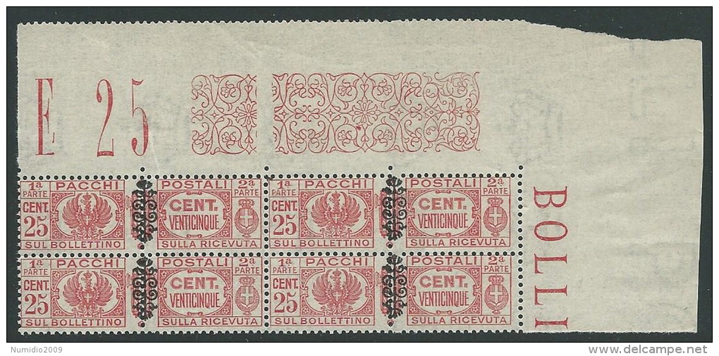 1945 LUOGOTENENZA PACCHI POSTALI 25 CENT QUARTINA LUSSO MNH ** - SV16-8 - Paketmarken