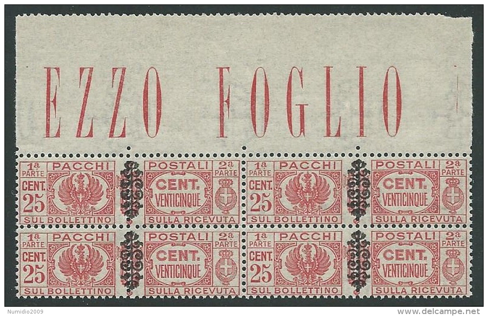 1945 LUOGOTENENZA PACCHI POSTALI 25 CENT QUARTINA LUSSO MNH ** - SV16-9 - Colis-postaux