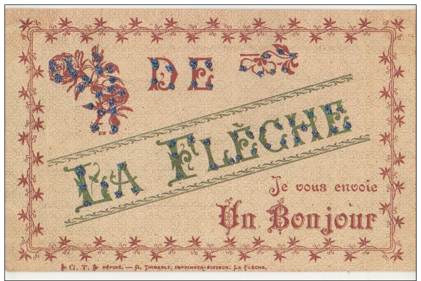 CPA 72 LA FLECHE Souvenir Fantaisie Un Bonjour Carte Colorisée à Paillettes 1907 - La Fleche