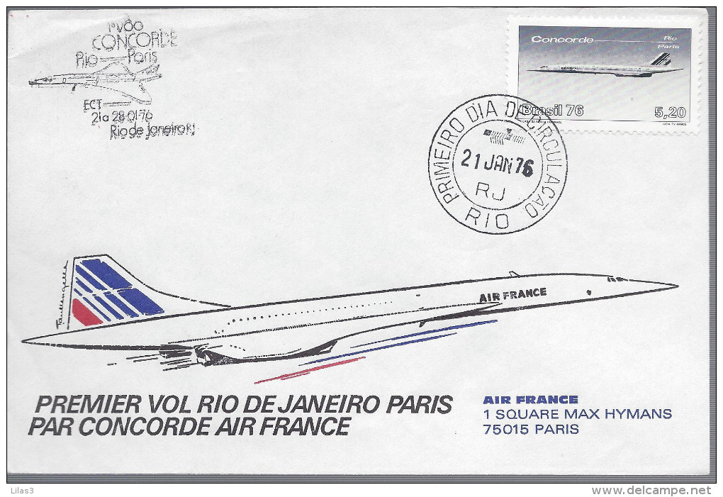 Rio De Janeiro 21 Janvier 1976 Premier Vol COncorde Rio De Janeiro Paris Air France Avion Aviation Cachets Au Dos - Lettres & Documents