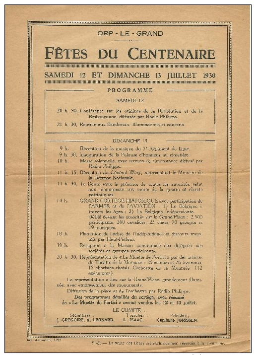 Orp Le Grand- OrpJauche Affiche A4 FETES DU CENTENAIRE 1830 ORP LE GRAND - Orp-Jauche