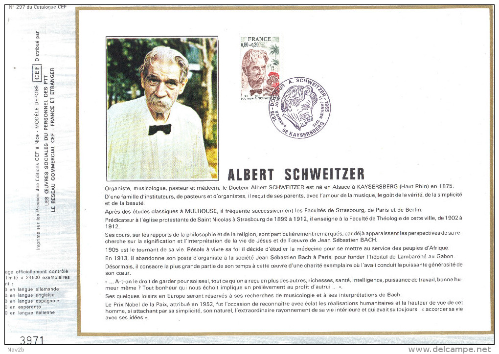 Sur Feuillet CEF , FDC  Albert Schweitzer . Kaysersberg .1975. - Albert Schweitzer