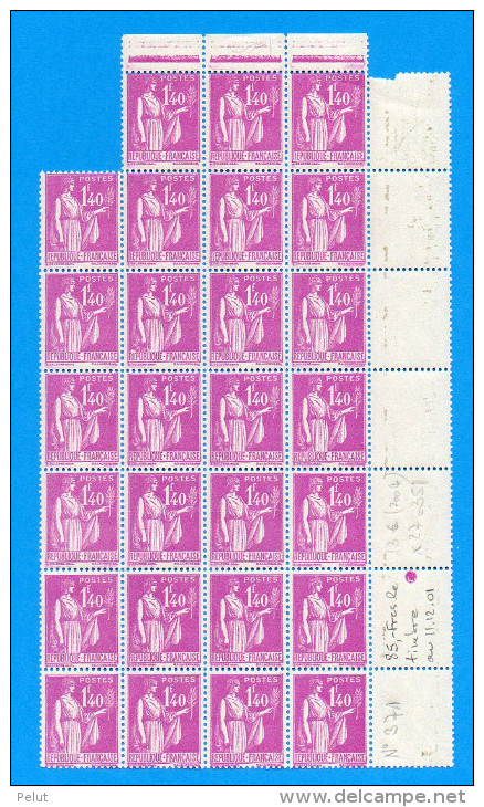 Feuille 27 Timbres Paix N° 371 - 1 Fr 40 Cts - Feuilles Complètes