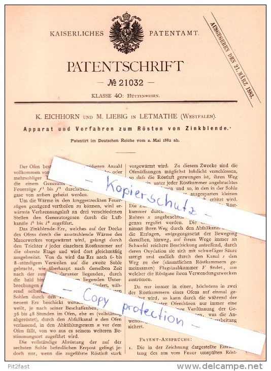 Original Patent - K. Eichhorn Und M. Liebig In Letmathe B. Iserlohn , 1882 , Rösten Von Zinkblende !!! - Historische Dokumente