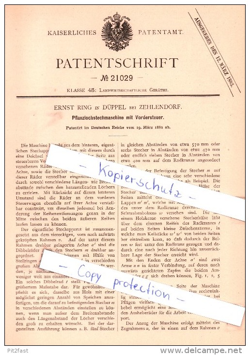 Original Patent - E. Ring In Düppel Bei Zehlendorf , 1882 , Pflanzlochstechmaschine Mit Vordersteuer , Berlin !!! - Historische Dokumente