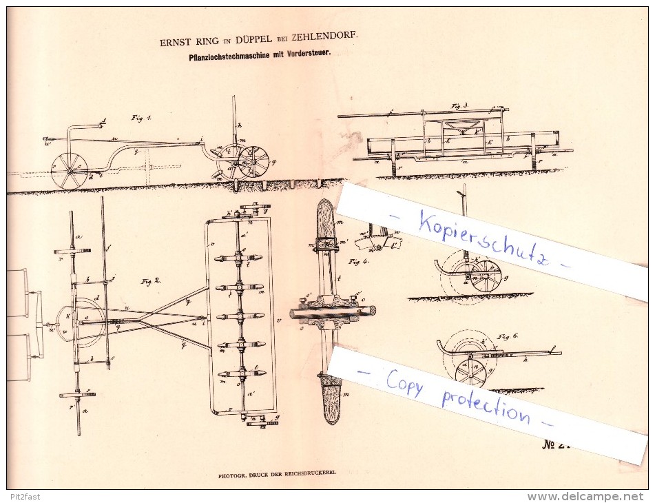 Original Patent - E. Ring In Düppel Bei Zehlendorf , 1882 , Pflanzlochstechmaschine Mit Vordersteuer , Berlin !!! - Historische Dokumente