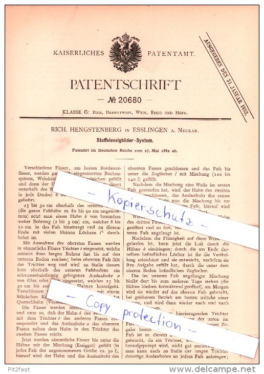 Original Patent - Rich. Hengstenberg In Esslingen A. Neckar , 1882 , Staffelessigbilder-System , Brauerei , Alkohol !!! - Esslingen