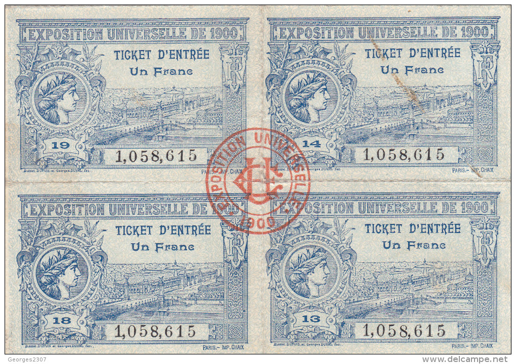 RARE: BLOC DE 4 TICKETS D'ENTREE A L'EXPOSITION UNIVERSELLE DE 1900 - 1  FRANC - Eintrittskarten