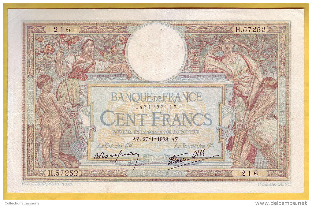 BILLET FRANCAIS - 100 Francs Luc Olivier Merson 27-1-1938 TTB+ - 100 F 1908-1939 ''Luc Olivier Merson''