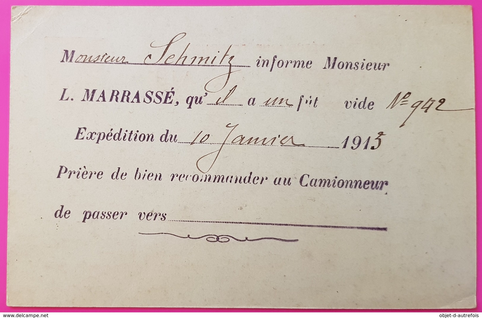 Cpa Villeneuve De La Rivière Louis Marrassé Viticulteur 1915 Carte Postale Commande De Vin - Autres & Non Classés