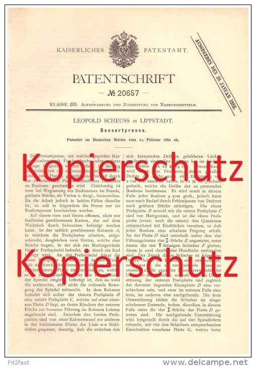 Original Patent - Leopold Scheuss In Lippstadt , 1882 , Dessertpresse , Presse Für Dessert , Pudding !!! - Lippstadt