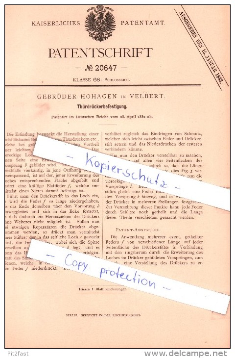 Original Patent - Gebrüder Hohagen In Velbert , 1882 , Thürdrückerbefestigung !!! - Velbert