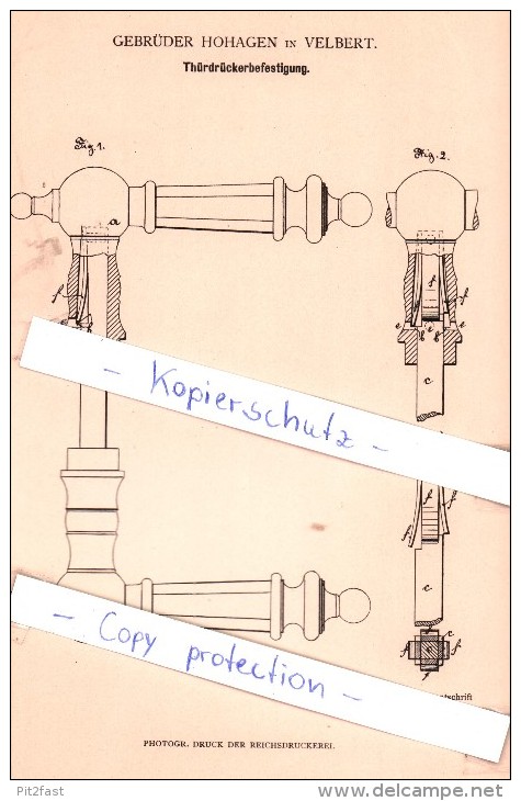 Original Patent - Gebrüder Hohagen In Velbert , 1882 , Thürdrückerbefestigung !!! - Velbert