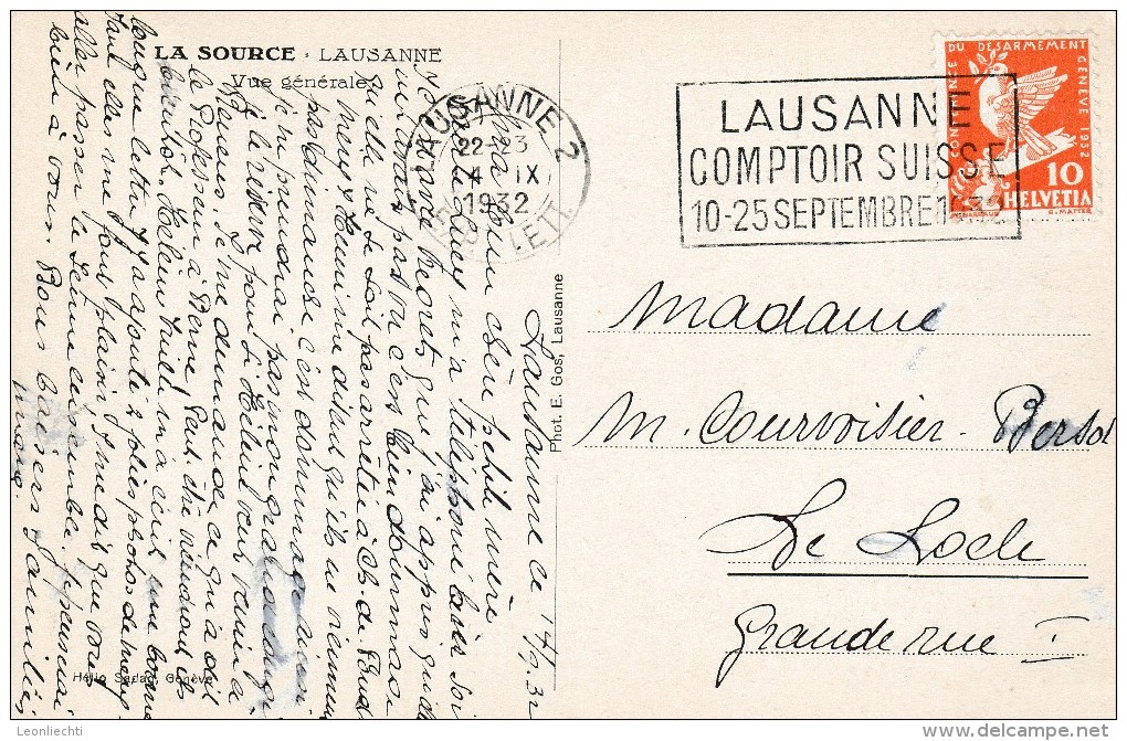 Lausanne, La Source. Zum: 186.Stempel. LAUSANNE 14.IX.1935. + LAUSANNE COMPTOIR SUISSE 10-25. SEPT.1932 - Autres & Non Classés