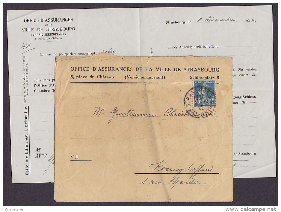 France OFFICE D'ASSURANCES De La Ville De STRASSBOURG 1922 Cover Lettre & Document Semeuse - 1906-38 Säerin, Untergrund Glatt