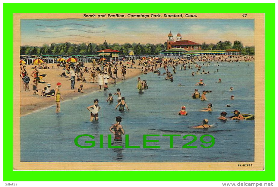 STAMFORD, CT - BEACH ANIMATED AND PAVILION, COMMINGS PARK - TRAVEL IN 1950 - C. T. ART - - Stamford