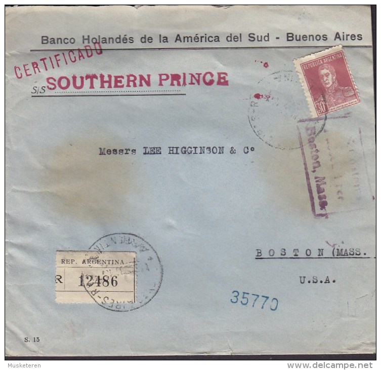 Argentina Registred Certificado Label Shipsmail S/S Southern Prince BANCO HOLANDÉS BUENOS AIRES 1930 Cover Letra 2 Scans - Briefe U. Dokumente