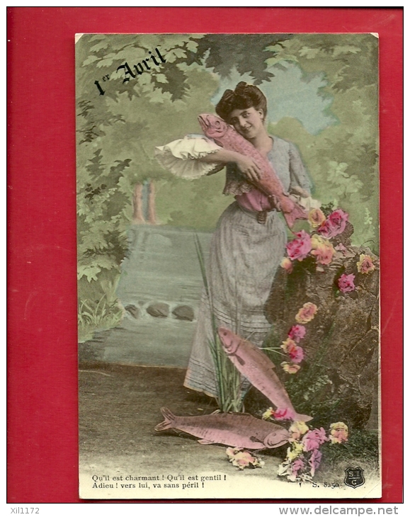 EVX-14 1er Avril, Femme Avec 3 Poissons Dans Un Parterre D'oeillets. Cachet Tarare 1906 - 1er Avril - Poisson D'avril