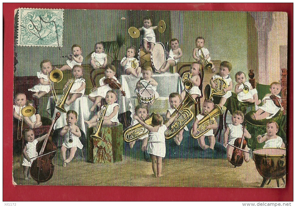 EVX-20 Ensemble De Cuivres, Batterie Et Violons Par Un Groupe De Bébés. Affranchissement Frontal, Cachet Tarare 1908 - Bébés