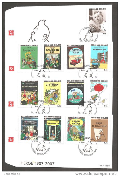 Belgium 2007 Herge 3636 - 3660 Kuifje Tintin Tim Und Struppi FDC - Lettres & Documents