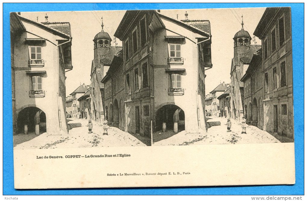 NA080, Coppet, Lac De Genève, La Grande Rue Et L'Eglise, Animée, Stéréo "Le Merveilleux", Non Circulée - Coppet