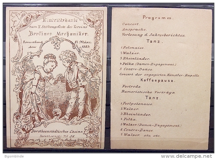 17.3.1883 Programm Stiftungsfest Berliner Mechaniker - Dorotheenstädtisches Casino Dorotheenstr. - Tickets D'entrée