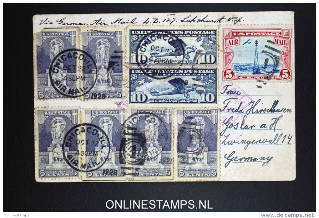 USA Zeppelin LZ127 Picture Postcard Chicago 1928 Violet Cancel On Mixed Stamps. Via Friedrichshafen To Goslar - 1c. 1918-1940 Brieven