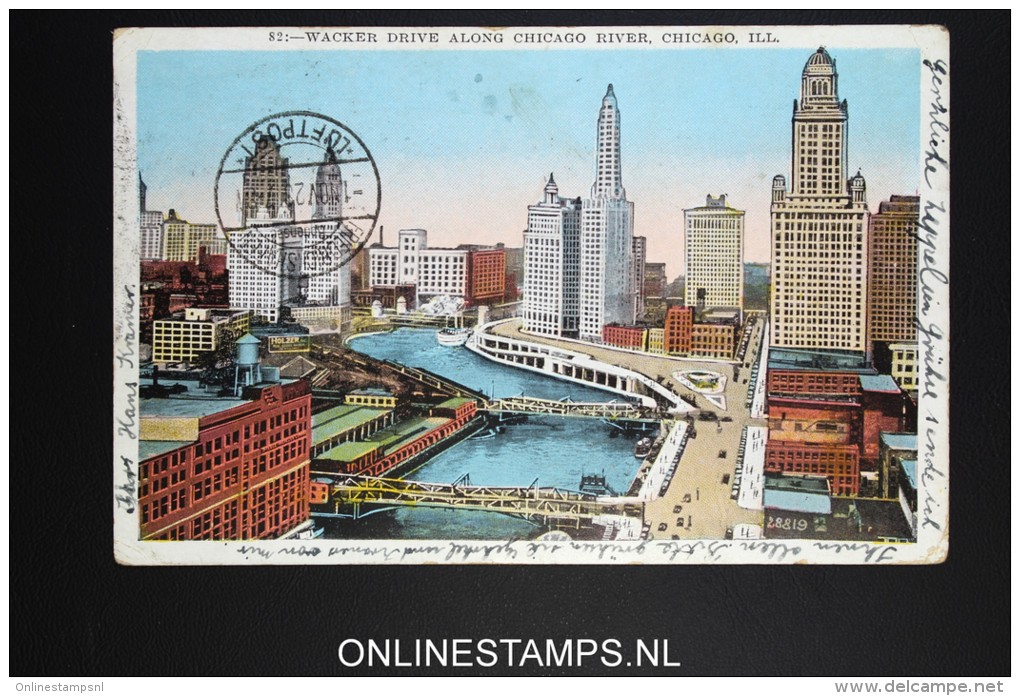 USA Zeppelin LZ127 Picture Postcard Chicago 1928 Violet Cancel On Mixed Stamps. Via Friedrichshafen To Goslar - 1c. 1918-1940 Lettres