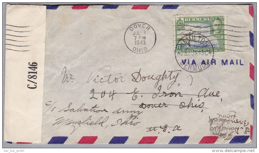 BERMUDA 1943-06-23 Hamilton Zensur Flugpost Brief Nach Dover Weitergeleitet Nach Mansfield Ohio - Bermudes