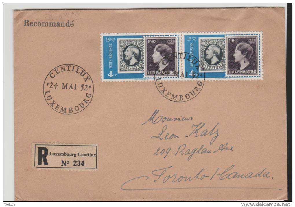 Lux139/ LUXEMBURG -  Briefmarkenjubiläum 1952. 4 Fr. Im Paar Nach Canada Mit Ersttag-Stempel - Briefe U. Dokumente