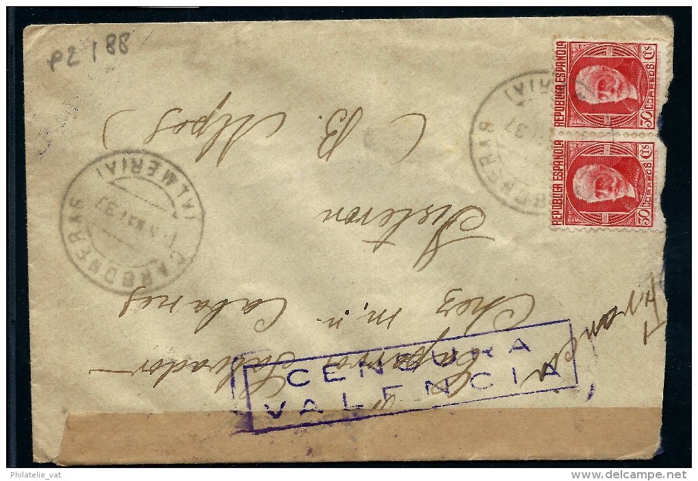 ESPAGNE-LETTRE  DE CARBONERAS  POUR LA FRANCE  1937 AVEC CENSURE DE VALENCIA  A VOIR  LOT P2188 - Republikeinse Censuur