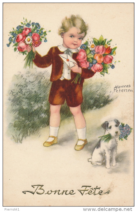 ENFANTS - DOG -  Jolie Carte Fantaisie Petit Garçon Et Chien "Bonne Fête" Signée HANNES PETERSEN - Petersen, Hannes