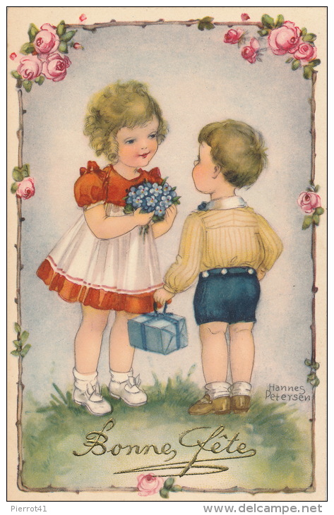 ENFANTS -LITTLE GIRL - Jolie Carte Fantaisie Enfants Et Fleurs "Bonne Fête"  Signée HANNES PETERSEN - Petersen, Hannes