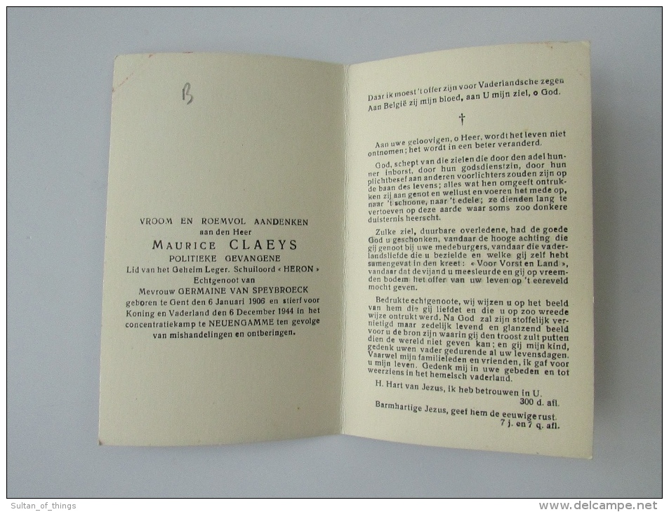 Doodsprentje Maurice Claeys Lid V/h Geheim Leger HERON 1944 Mishandelingen En Ontberingen - Religion & Esotérisme