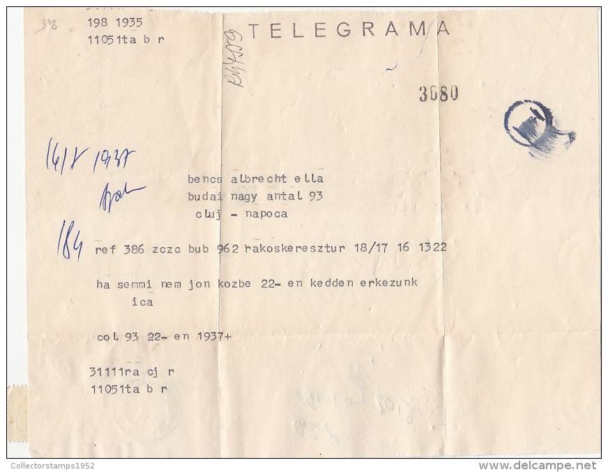 13732- TELEGRAMME SENT TO CLUJ NAPOCA, 1980, ROMANIA - Télégraphes