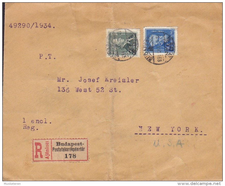 Hungary Ungarn Registered Einschreiben BUDAPEST-Postatakarékpénztár Label 1934 Cover Brief To NEW YORK USA (2 Scans) - Storia Postale