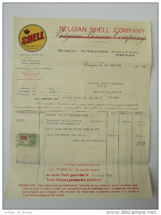 Factuur Invoice Shell Belgian Benzine Company Brugge Bruges 1932 - 1900 – 1949
